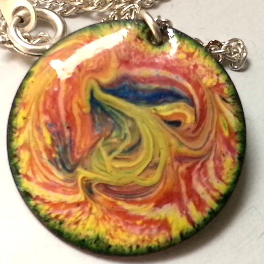 pendant - medium round scrolled dark pink and blue on yellow