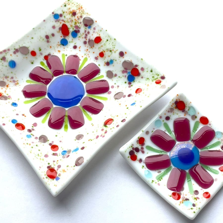 Floral Fused Glass Square Dish set  of two