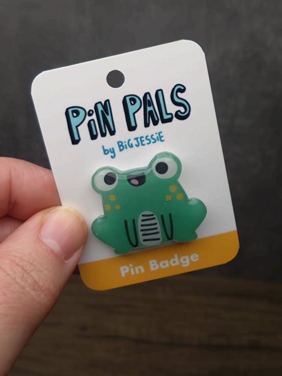 Cute happy green frog pin badge