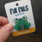Cute happy green frog pin badge