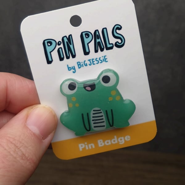 Cute happy green frog pin badge