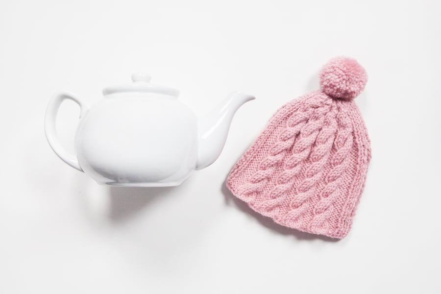 Vintage Pink hand knitted tea cosy - Pom pom tea cosy - Teapot cover & warmer
