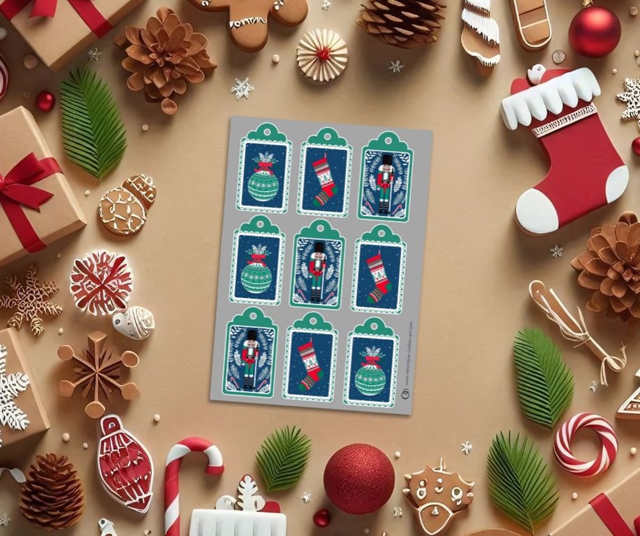 Nutcracker Stocking & Bauble Christmas Gift Tag Digital Printable PDF Sheet 