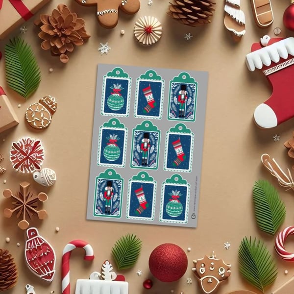 Nutcracker Stocking & Bauble Christmas Gift Tag Digital Printable PDF Sheet 