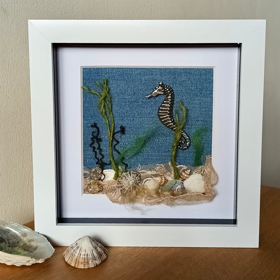 Seahorse underwater seascape small framed 3D collage art  6" x 6