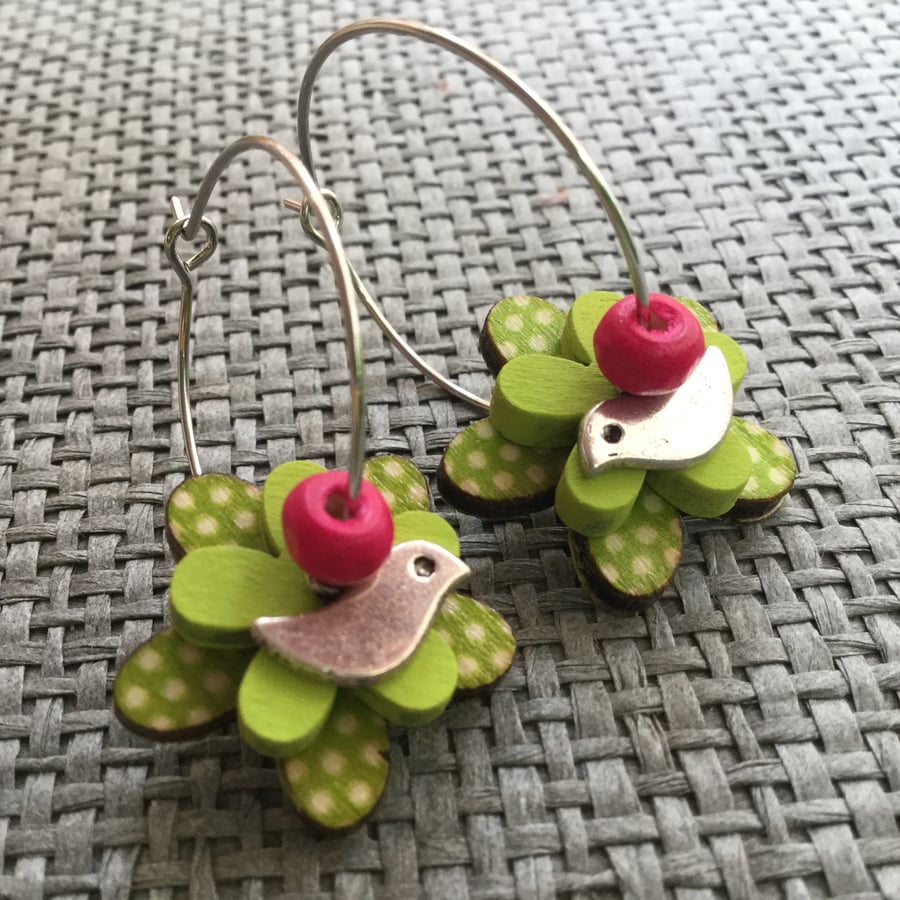 “Lime Polka” flower earrings