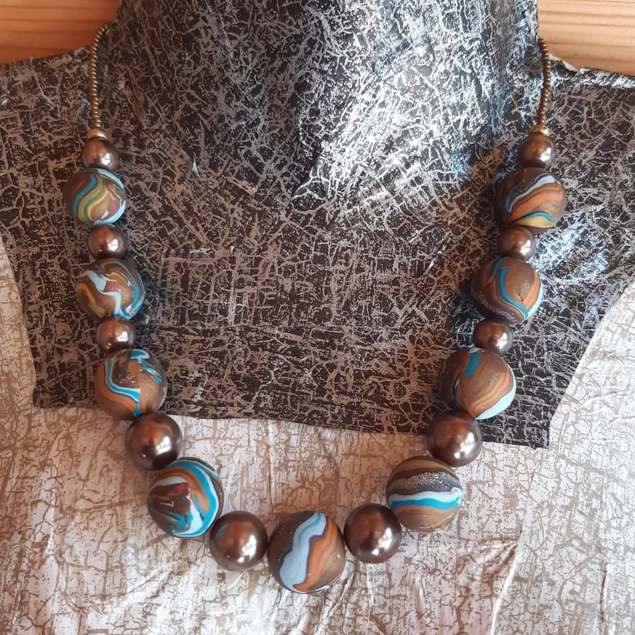 Handmade Polymer Clay Necklace in Chocolate Brown, Turquoise And Gold