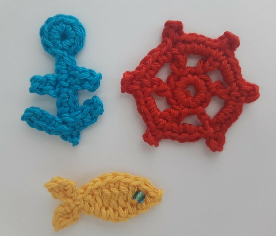 Nautical crochet set - Ship's Wheel- Anchor - Fish- Appliques