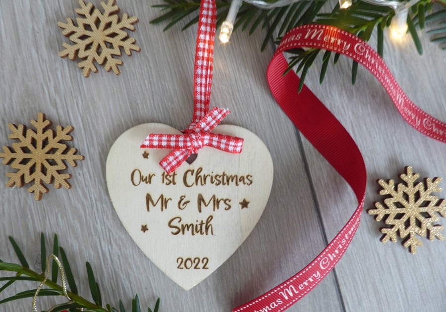 Our 1st Christmas 2022 heart decoration, personalised with your surname