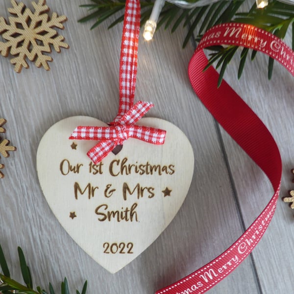 Our 1st Christmas 2022 heart decoration, personalised with your surname