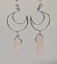 Silver Wire Crescent Moon and Rose Quartz Dangle Earrings, Sterling Silver Hooks - Image 5