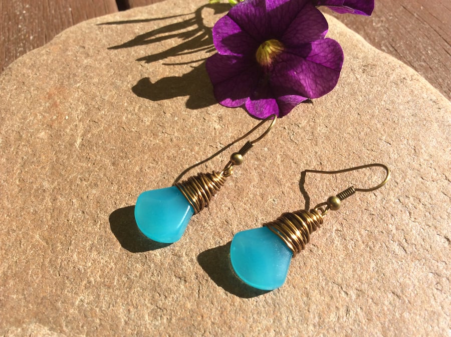 Turquoise Glass Axe Head Wire Wrap Earrings 