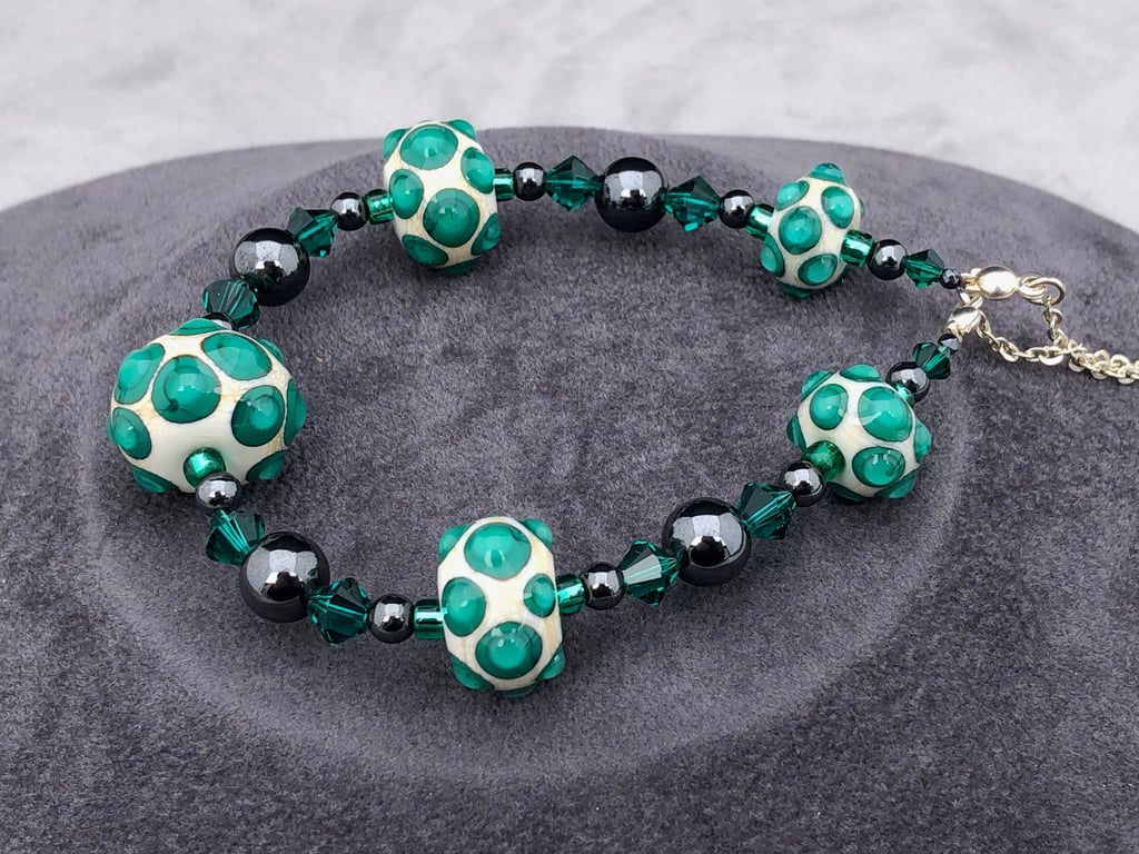 Cream and emerald green lampwork glass Swarovski Crystal and haematite necklace