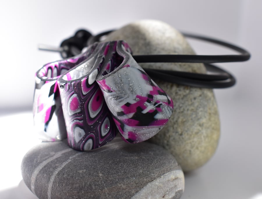 Silver Glitter, Hot Pink & Black Polymer Clay Reversible Pendant on Rubber Cord