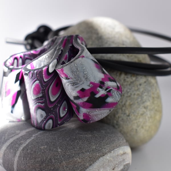 Silver Glitter, Hot Pink & Black Polymer Clay Reversible Pendant on Rubber Cord