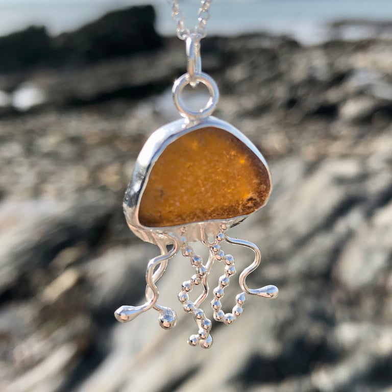 Golden Brown Sea Glass and Sterling Silver Jellyfish Pendant Necklace 1143