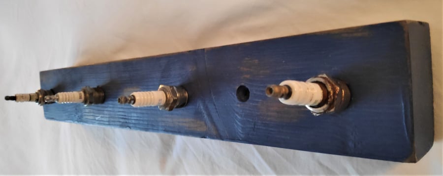 Spark Plug Rack on Reclaimed Wood in Blue - Upcycled, Industrial Homeware