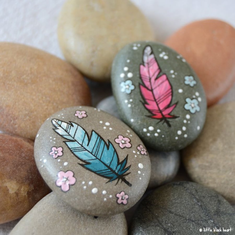 painted pebbles - feather pair