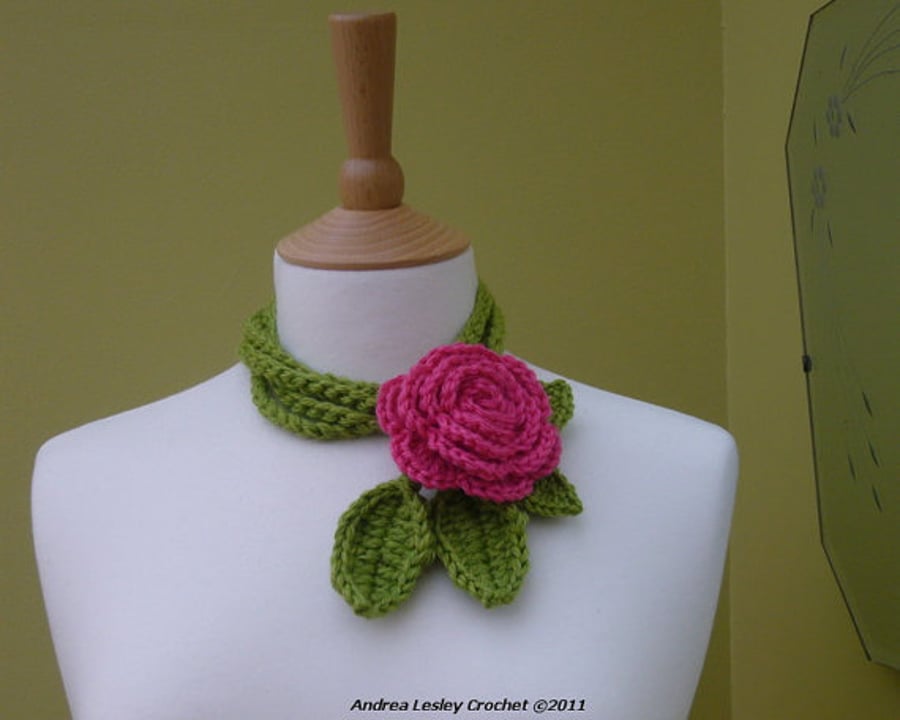 Lariat Scarf  in Crochet with a Pink Rose and Green Leaves (Made to order)