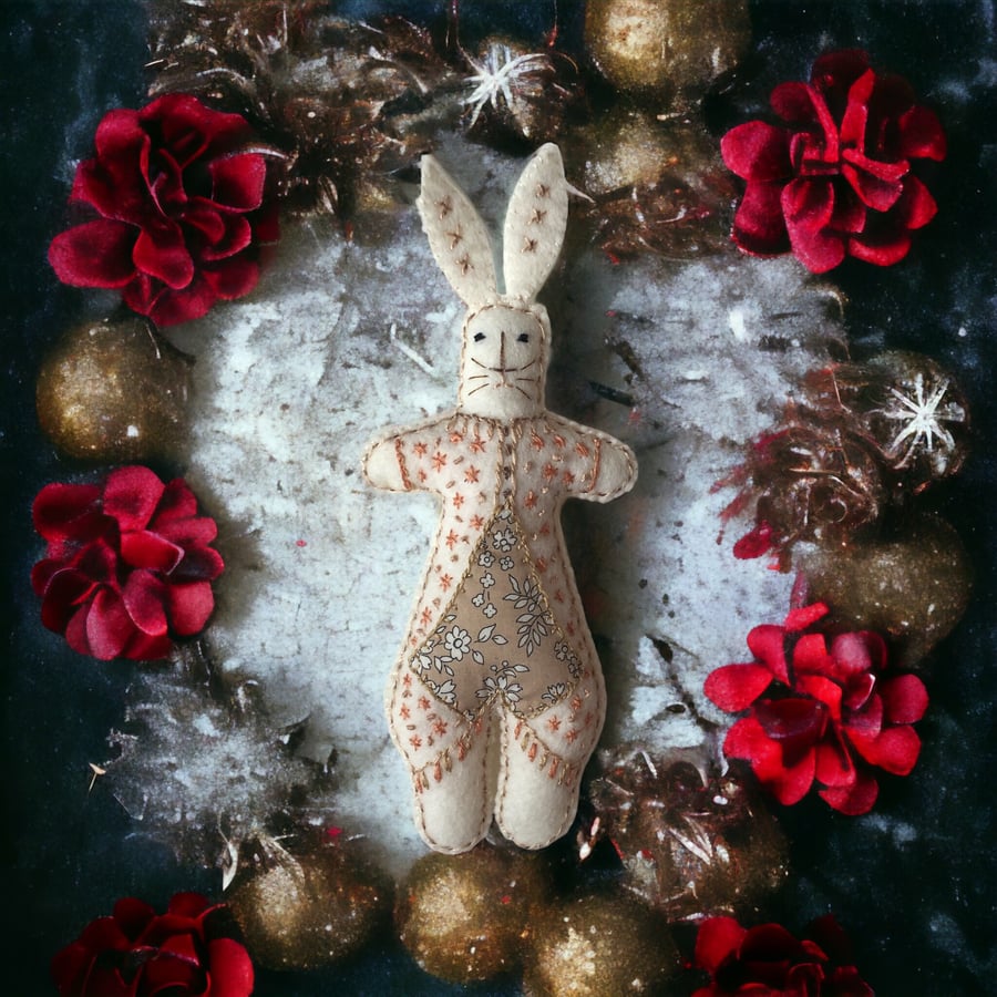 Christmas Heirloom Gift Hand Embroidered Felt Bunny Rabbit