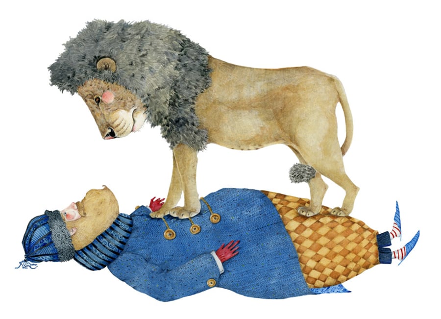 Luca the Lion standing on a Man Giclee A4 print