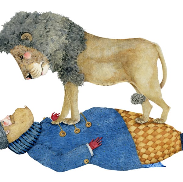 Luca the Lion standing on a Man Giclee A4 print