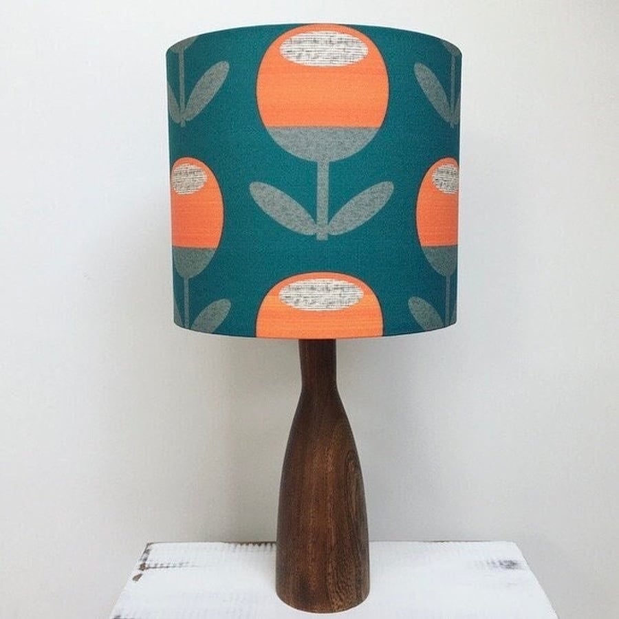Handmade bold orange tulip on teal fabric drum lampshade 