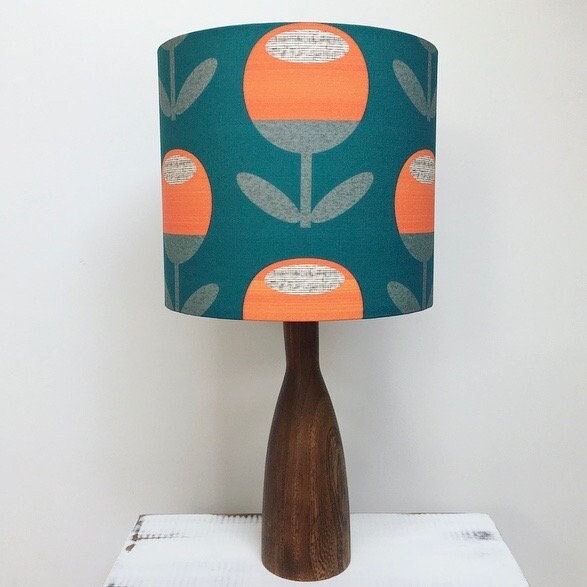 Handmade bold orange tulip on teal fabric drum lampshade 