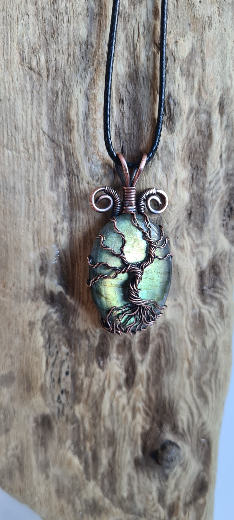 Green Labradorite & Copper Tree of Life Pendant Necklace Gift Crystal Jewellery