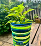 Boho planter in shades of green. Recycled yoghurt pot and yarn.