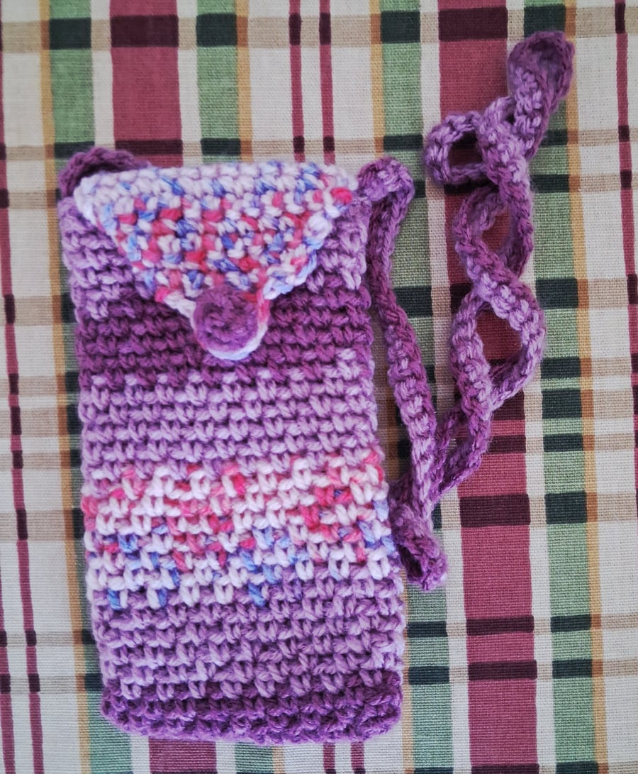 Crochet Phone Or Glasses Bag Pinks And Purples With Loop And Bobble (J200)