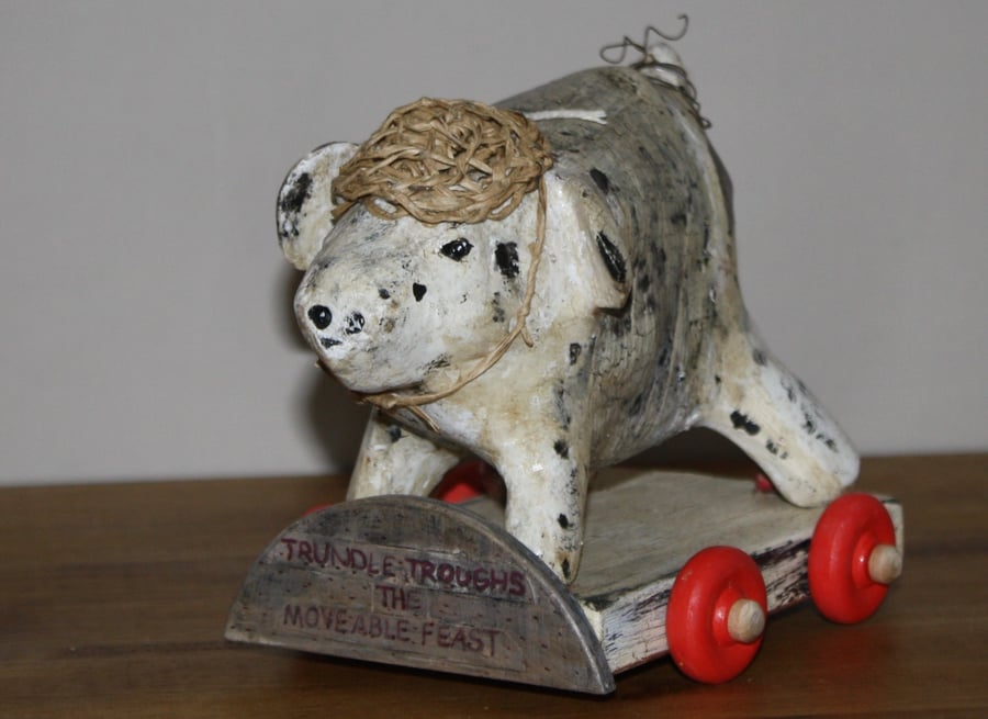 HANDMADE & PAINTED PAPER MACHE PIG ON TROUGH WITH WHEELS, FOLK ART INSPIRED
