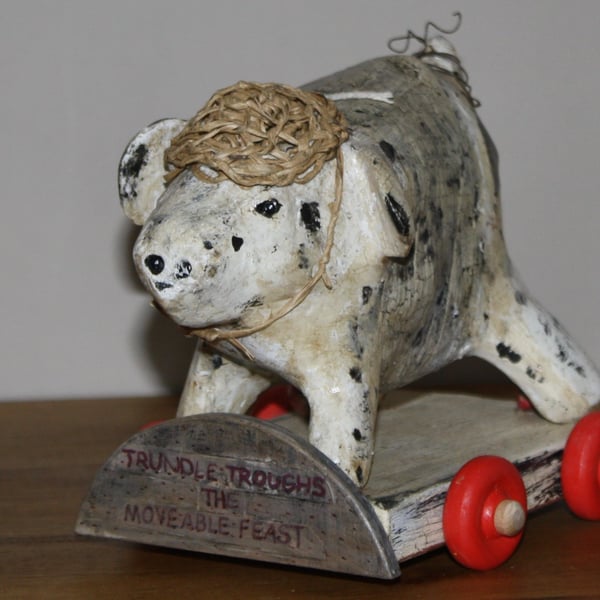 HANDMADE & PAINTED PAPER MACHE PIG ON TROUGH WITH WHEELS, FOLK ART INSPIRED