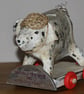 HANDMADE & PAINTED PAPER MACHE PIG ON TROUGH WITH WHEELS, FOLK ART INSPIRED