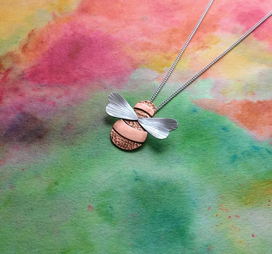 Bumble Bee Pendant, Copper Body and Stripes with Silver Wings, Silver Chain