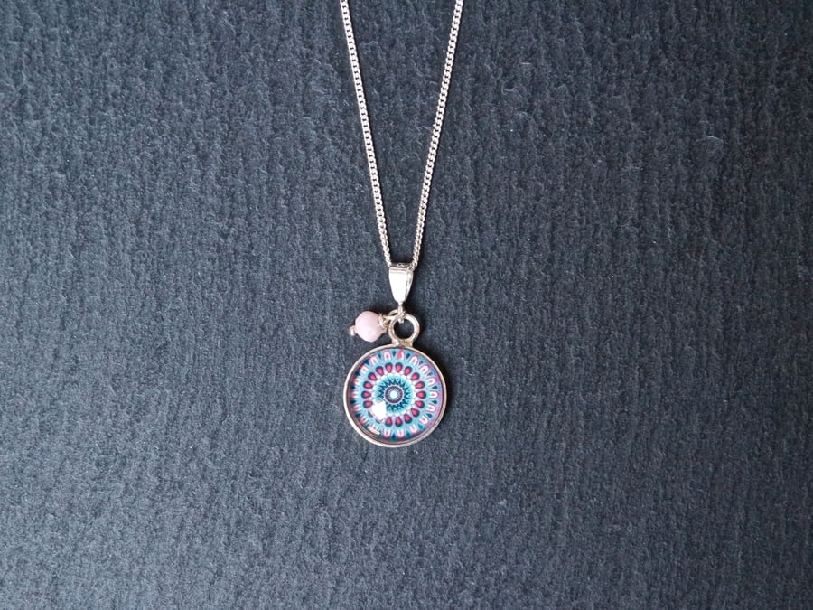 Sterling Silver Necklace - Mandala peruvian Pink Opal violet blue