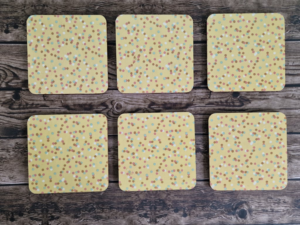 Yellow Spotty Handmade Decoupage Coasters set of 6