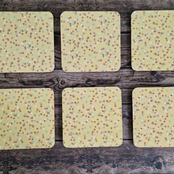 Yellow Spotty Handmade Decoupage Coasters set of 6