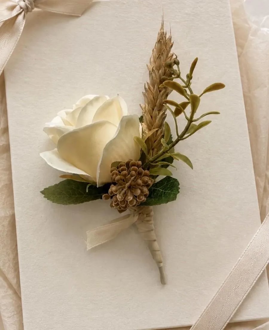 Artificial Rose Wedding Buttonhole Boutonniere Ivory Neutral Artificial Flower