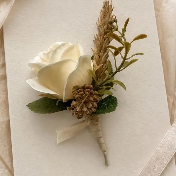 Artificial Rose Wedding Buttonhole Boutonniere Ivory Neutral Artificial Flower
