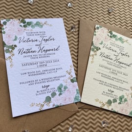 10 Eucalyptus greenery blush pink roses WEDDING INVITES cards A5 A6 invitations