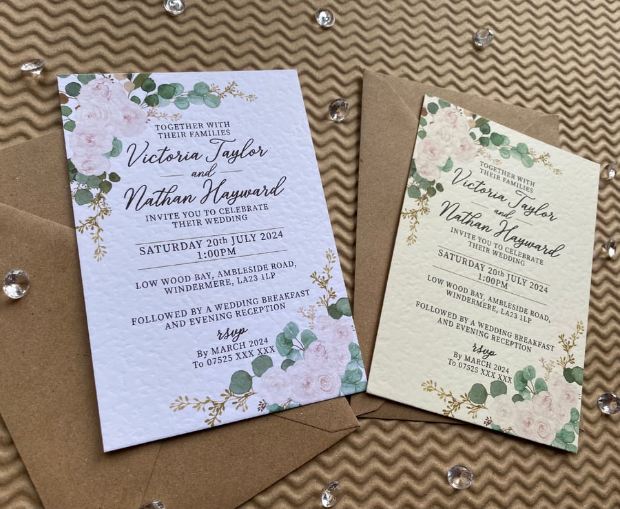 10 Eucalyptus greenery blush pink roses WEDDING INVITES cards A5 A6 invitations