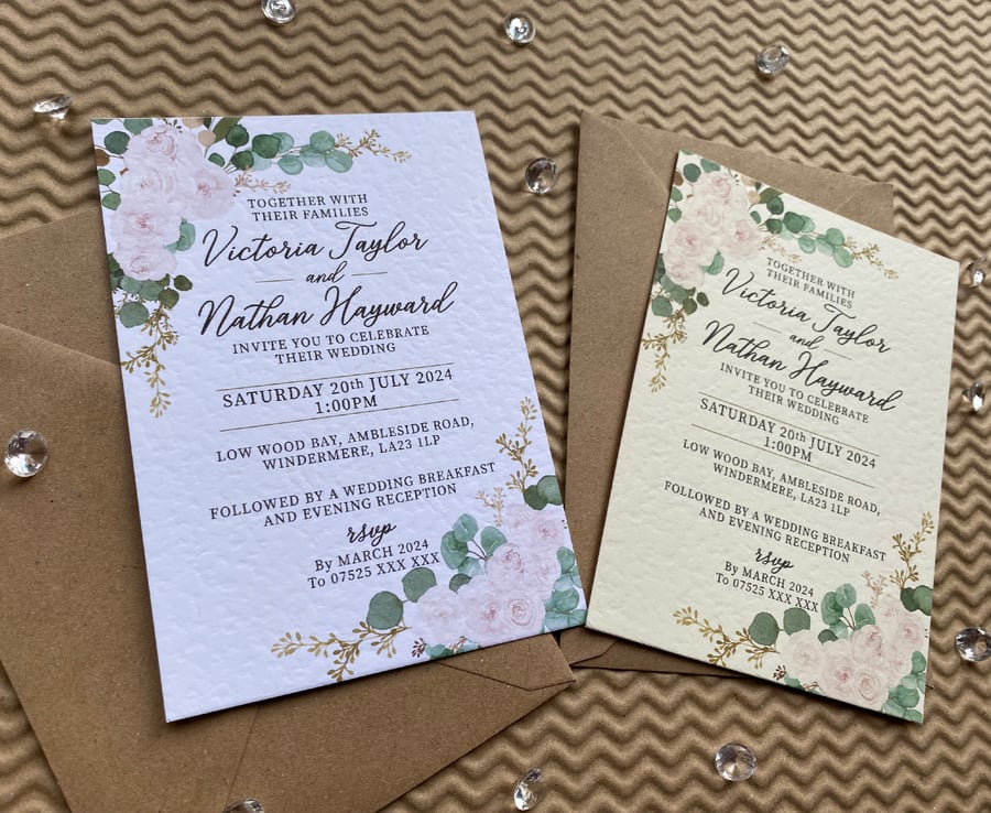 10 Eucalyptus greenery blush pink roses WEDDING INVITES cards A5 A6 invitations