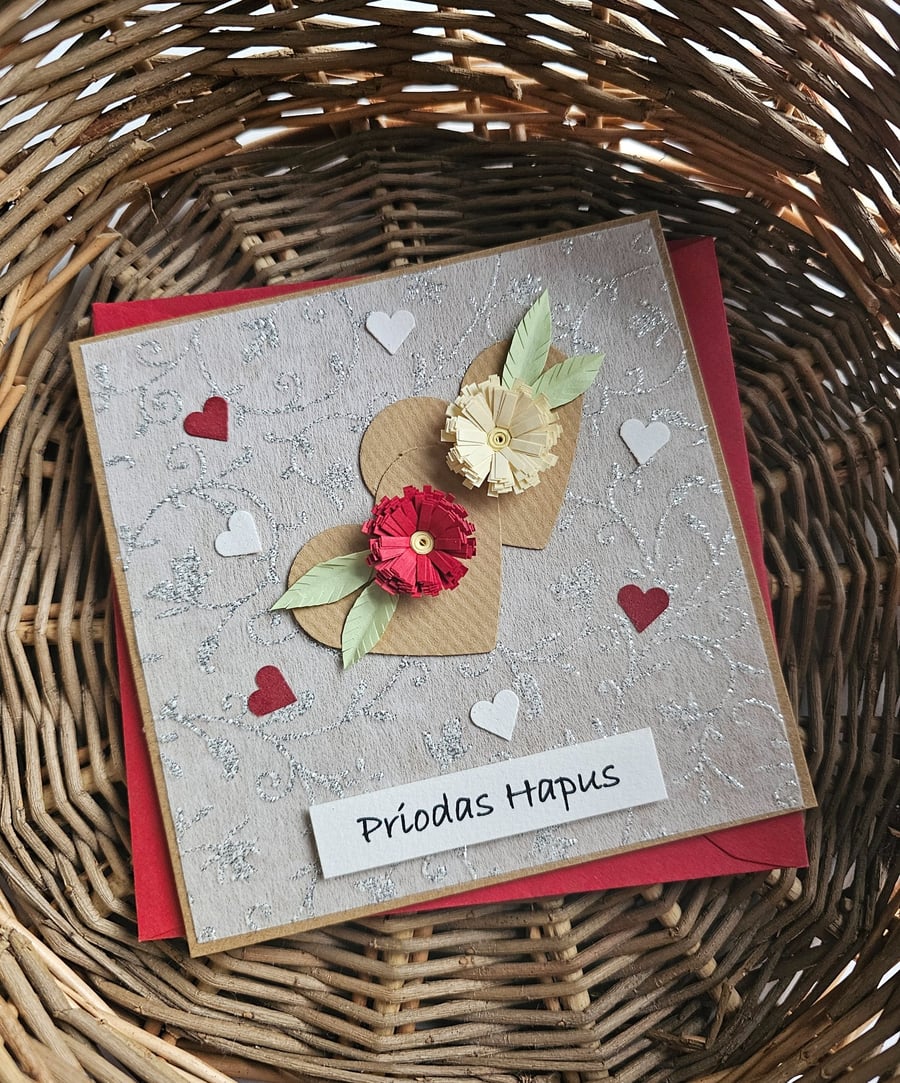 Priodas Hapus Welsh Wedding Card with Quilled Flowers Size 5" x 5" (12.5cm x 12.
