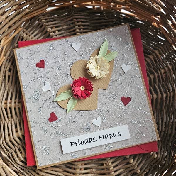 Priodas Hapus Welsh Wedding Card with Quilled Flowers Size 5" x 5" (12.5cm x 12.