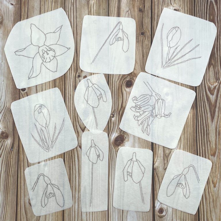 Spring flower embroidery patterns. Stick and stitch designs.