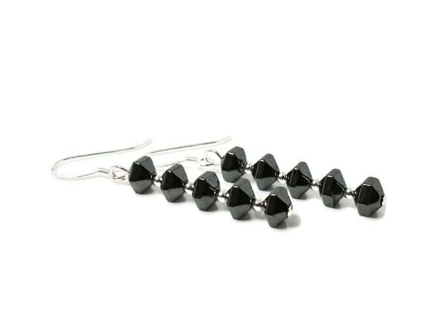 Hematite Faceted Bicone & Sterling Silver Slim Drop Earrings