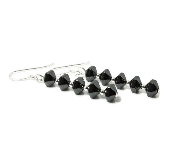 Hematite Faceted Bicone & Sterling Silver Slim Drop Earrings