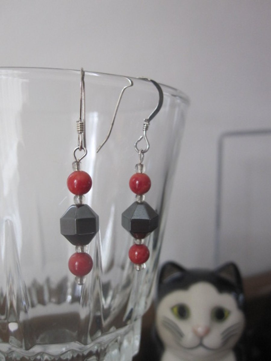 Hematite and Bamboo Coral Earrings