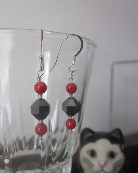 Hematite and Bamboo Coral Earrings